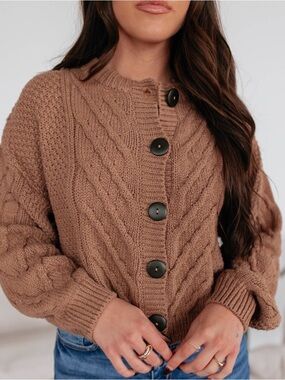 Panache Chunky Cable Knit Cardigan in Brown